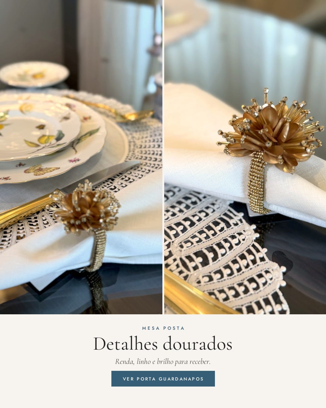 Jogo americano de renda com guardanapo de linho e porta guardanapos dourado em forma de flor