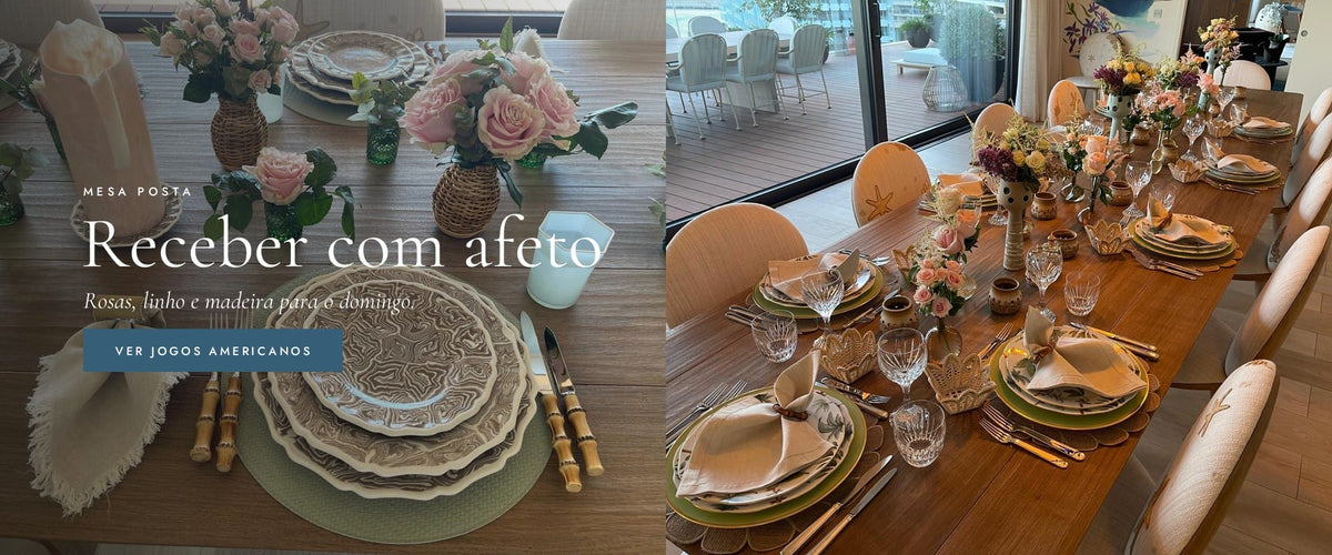 Mesa posta de madeira com rosas, guardanapos de linho e jogos americanos