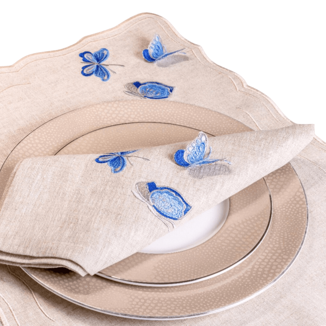 FineLeaf Jogos Americanos Blue Jogo Americano em Linho Natural com Guardanapo <br> BORBOLETAS