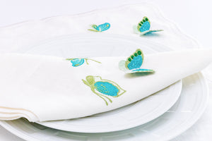 Guardanapo de Mesa em Linho Branco Borboletas, Turquesa